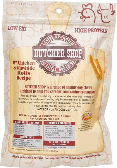 Butcher Shop 8” Chicken & Rawhide Rolls Dog Treats (2 Pack - 10 oz per Pack)