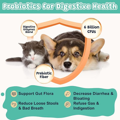 ZEBORA Probiotics for Dogs & Cats, Dog Probiotics for Digestive Health, 6 Billion CFUs Digestive Enzymes with Prebiotics, Omegas & Vitamins for Gut & Itchy - 120 Chews