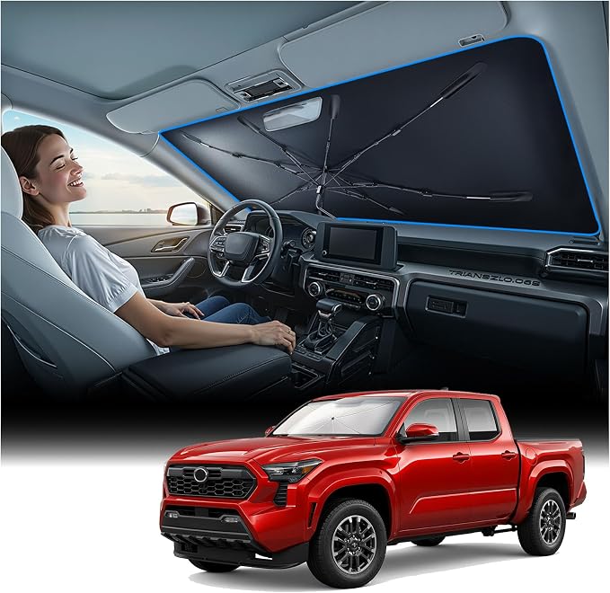 Nmoiss Windshield Sun Shade Umbrella for Toyota Tacoma - [Vinyl Coating Heat Shield] Protect Car from Sun Rays & Heat Damage Keep Cool and Protect Interior, Spring Structure Edge