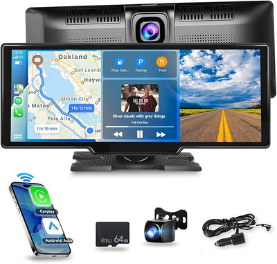 [2.5K Front Camera+64G TF Card] Wireless Carplay/Android Auto Portable Car Radio with 9.3" HD Touchscreen Dash Cam, Front/Rear View Camera Stereo Receiver Bluetooth FM Transmitter AUX