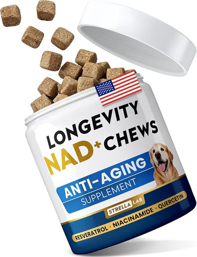 STRELLALAB NMN Supplement | NAD+ Longevity for Dogs - Quercetin, Resveratrol - Energy Boost for Senior Dogs, Canine Cognitive Supplement for Brain Health - Anti Aging Support Chews - 90Ct