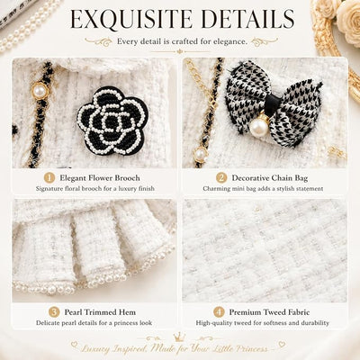 Spring Fall Winter Small Dog Tweed Princess Dress White Pearl Design, Warm Fleece Dog Coat for Girls, Cute Puppy Clothes with Bow Flower, Luxury Chanel Style Pet Outfit for Cats & Dogs(XS)