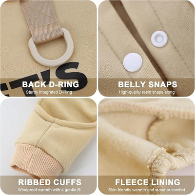 Warm Dog Winter Coat with Built-in Leash Ring, Fleece 4-Legged Sweatshirt Jumpsuit, Cute Let's Go Print Puppy Clothes for Small Dogs Boy Girl, Cold Weather Outfit