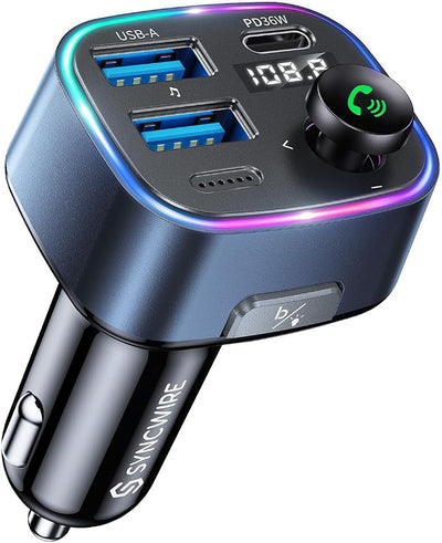 Syncwire Bluetooth 5.4 FM Transmitter Car Adapter 48W(PD 36W & 12W) [Light Switch] [Hi-Fi Deep Bass] [Fast Charging] Wireless Radio Music Adapter LED Display Hands-Free Calling Support USB Drive