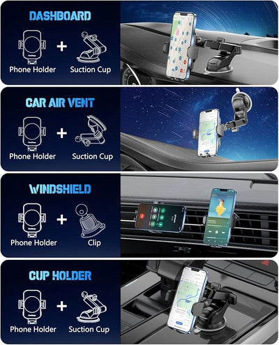 3-in-1 Wireless Car Charger Mount, 15W Fast Charging Auto-Clamping Phone Holder for iPhone 17 16 15 14, Samsung Galaxy S24 S23, Dashboard, Vent & Windshield Car Mount(Black)