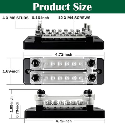 LENKRAD 150A Double-Row Busbar Power Distribution Block 12V Bus Bar with Ring Terminals, 304 Stainless Steel Marine Terminal Block and Ground Buss Bar Kit, 4 x M6 Stud, 12 x M4 Screw