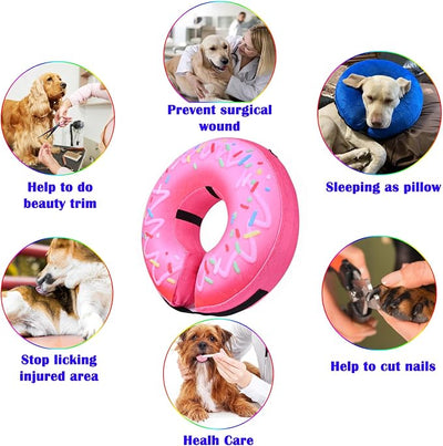 Inflatable Dog Cone Collar for Dogs After Surgery, Soft Adjustable Blow up Donut Dog E-Collar for Small Medium Large Dog and Cats,Pink Donut