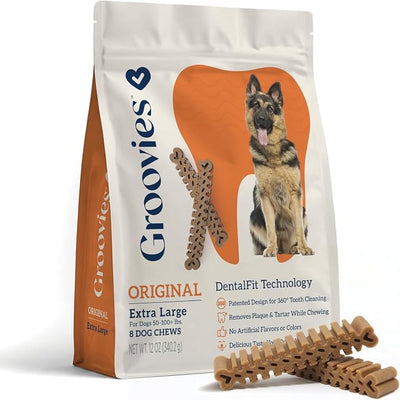 Groovies Dog Dental Treats, Flexible Yet Effective, Patented DentalFit Technology to Help Control Tartar & Freshen Breath, XLarge Dog Chews (50-100+ lbs), USA Manufactured Oral Care, 8 Count