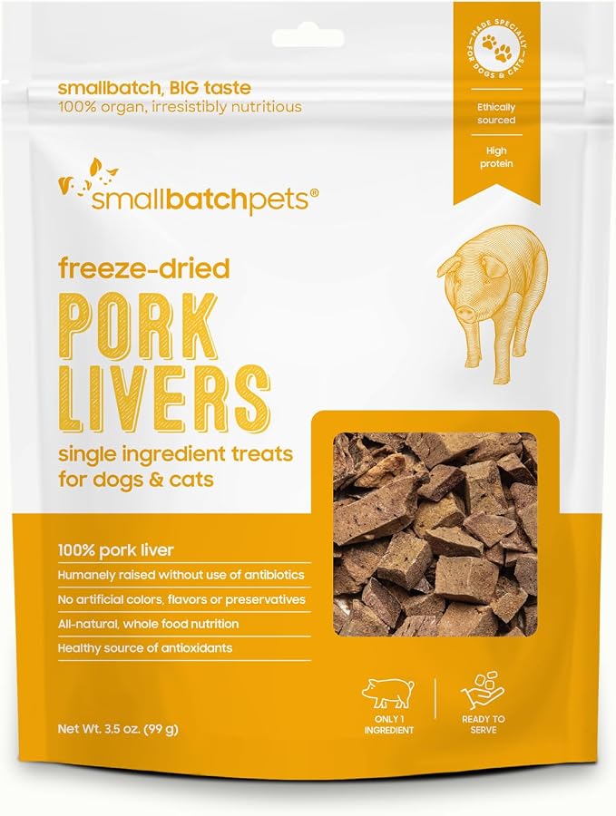 smallbatch Freeze Dried Dog Treats, Pork Liver Treats for Dogs & Cats, High Protein, Single Ingredient Dog Treat for Training or Food Topper, Natural, Humanely Sourced Meat, Made in the USA, 3 oz