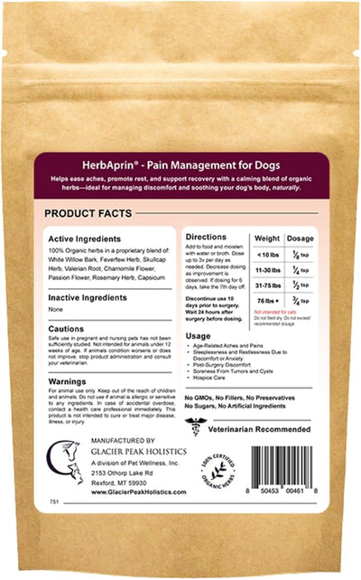 Glacier Peak Holistics HerbAprin - Natural Pain Relief for Dogs, Organic Herb Blend for Arthritis, Aches, Pains, Inflammation, Mobility Support, and Hip & Joint Discomfort - 3oz (90 Servings)