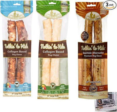 Fieldcrest Farms Nothing to Hide Natural Rawhide Alternative Large 10" Rolls for Dogs - 3 Pack Bundle (Chicken, Beef, Peanut Butter) Premium Grade Easily Digestible Chews - Great for Dental Health