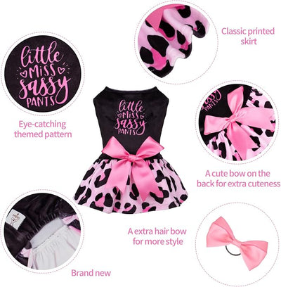 CuteBone Little Miss Sassy Pants Dog Leopard Print Dress Velvet for Small Dogs Girl Puppy Dresses Pink Dog Clothes