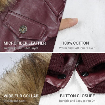LESYPET Dog Leather Jacket for Small Dogs, Waterproof Dog Winter Jacket Puppy Coat with Fleece Lined, Ultra Warm Fur Collar Doggie Coat, Red M