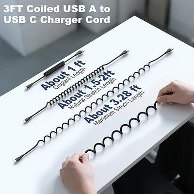 Coiled Car Carplay Charger Fast Charging，[1-Pack, 3Ft] Retractable Braid USB A to USB C Cable for iPhone 17/16/15/Plus/Pro Max/MacBook Pro, Type-C Cord,Black
