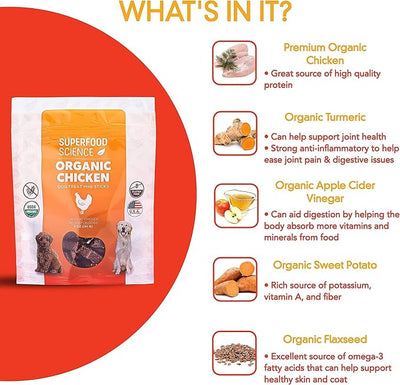 Organic Chicken Dog Treats, Low-Calorie Training Treats, Grain-Free, Semi-Soft Natural Jerky with Sweet Potato, Turmeric & Flaxseed, Healthy Dog Snacks for Puppies & Small, Medium & Large Dogs, 5 oz