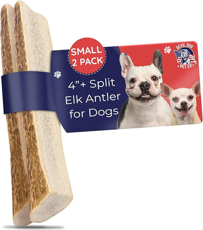Devil Dog Pet Co. Split Elk Antlers for Dogs, Natural Dog Chew with Exposed Marrow - Long Lasting and Odor Free - USA Sourced - Cleaner Teeth, Anxiety & Boredom Relief - Small 4"+ 2 Pack