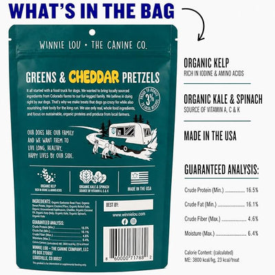 Winnie Lou Organic Dog Treats – Natural Dog Biscuits, USA Made, Organic Ingredients, Clean, Sensative Stomach, All Breed Sizes, High Protein, Hypoallergenic, Greens & Cheddar Pretzels (Pack of 2)
