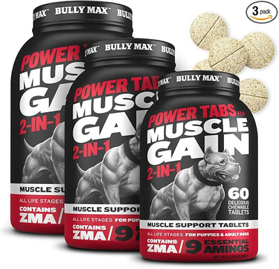 Bully Max 2-in-1 Muscle Builder Chewable Tablets for Dogs - Puppy & Dog Vitamins, Supplements for Muscle Gain & Growth - Canine Multivitamins Essentials for All Breeds & Ages - 60 Tabs, 3 Bottles