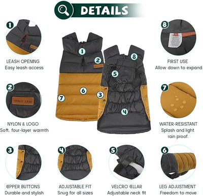 SPACE LION Dog Puffer Jacket, Down Winter Coat, Durable Outdoor Coat for Cold and Windy Conditions, Lightweight & Adjustable Fit Coats for Medium & Large Dogs, (BlackKhaki, Size20/XL)