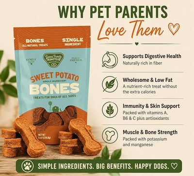 Gaines Family Farmstead Sweet Potato Dog Bones – 8 oz Bag, All-Natural, Single Ingredient, Grain-Free Dog Treats for Digestive Health, High Fiber - Training & Rewards, Made in USA