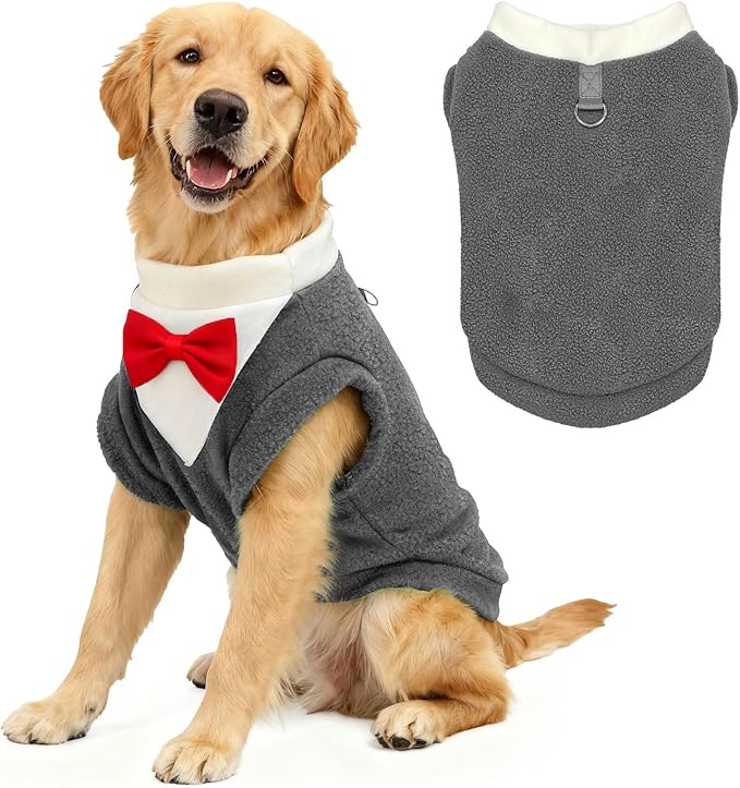 Cute Dog Fleece Sweater with D-Ring, Fall Winter Dog Clothes Tuxedo Costume with Bowtie, Soft Puppy Sweatshirt Golden Retriever Apparel Doberman Outfits for Small Medium Large Dogs(Grey,7XL)