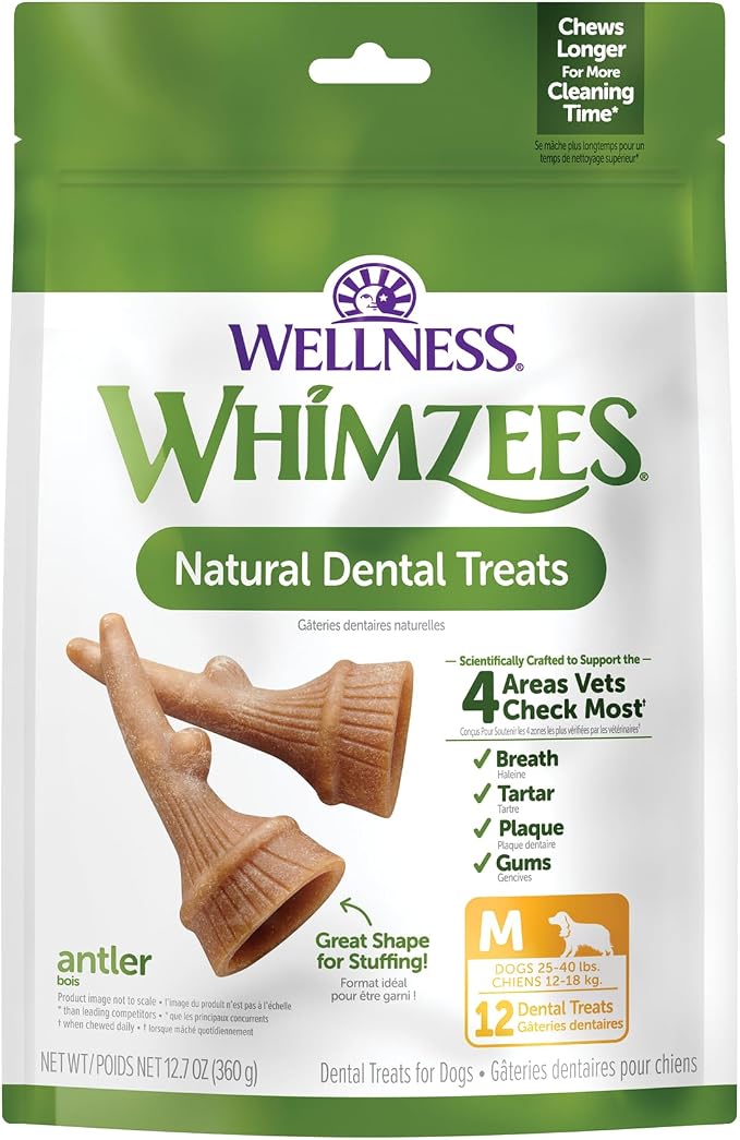 Wellness WHIMZEES Antler Occupy Natural Dog Dental Treat, Chews, Freshens Breath, Medium Size, 12.7 oz Bag, 12 Count
