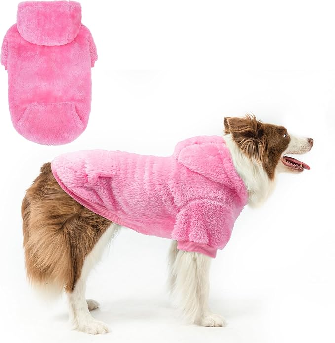 SCENEREAL Fleece Dog Sweaters Hoodie for Small Medium Large Dogs Girls Boys, Plush Fuzzy Dog Clothes Hoodies with Leash Hole, Winter/Fall Puppy Cold Weather Coat, Sherpa Hooded Sweatshirt, Rose Red L