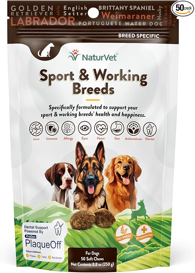 NaturVet Sport Breed Supplement- for Joint Support, Digestion, Skin, Coat Care- Dog Multivitamins with Minerals, Omegas, PlaqueOff- Wheat-Free Vitamins for Dogs- Sport and Working Breed- 50 Soft Chews