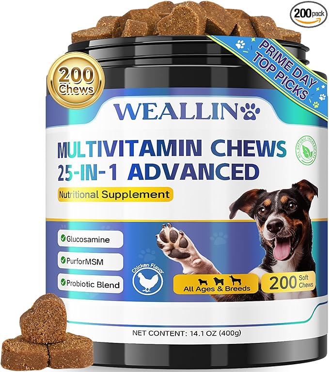 Dog Vitamins - 25-in-1 Dog Vitamins and Supplements Multivitamin with Glucosamine Probiotics Omega-3 Puppy Multivitamin Chewable for Coat, Heart, Hips & Joints, Digestion & Immune System 200pcs