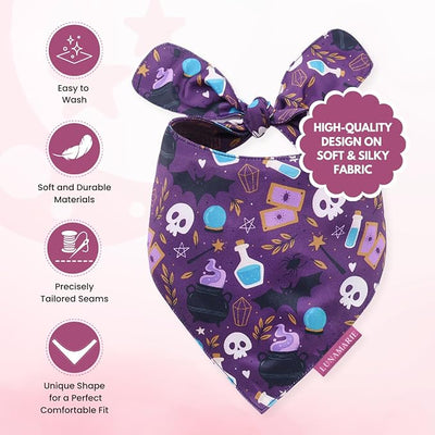 LunaMarie - Luxury Dog Bandanas - Cute Witch Magic Design | Premium & Silky Fabric | 100% Handmade | Custom Shape Dual Layered Reversible Small, Medium, Large Cat Scarf (Bewitched, Small)