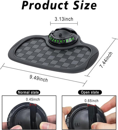 Multifunctional Car Anti Slip Mat, 360° Rotatable Phone Holder Dashboard Pad with Temporary Parking Number, Anti Skid Organizer for Phones Sunglasses Keys (Black & Gray)
