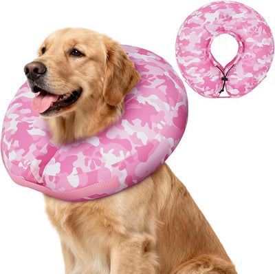 IEUUMLER Inflatable Recovery Dog Cone Collar, Neck Donut Protective ECollar, Adjustable Soft Collar for Dog and Cat After Surgery Prevent from Biting & Licking EU020 Pink Camo L+