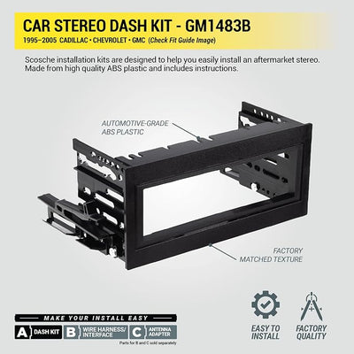 Scosche GM1483B Single DIN Dash Kit Compatible with Select 1995-05 Cadillac, Chevrolet and GMC Full Size Trucks - Car Stereo Radio Install Kit - Single DIN Radios Only - See Fit Guide in Images