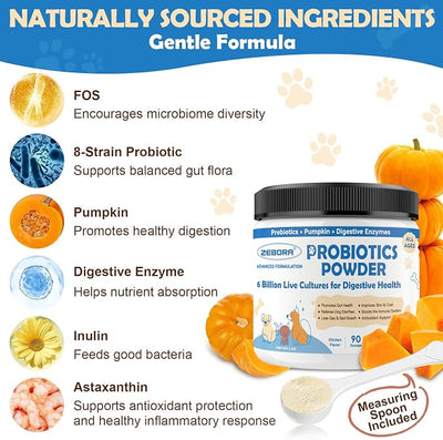 ZEBORA Probiotics for Dogs, Probiotic Powder with Pumpkin, Prebiotics & Digestive Enzymes, 6 Billion CFUs Dog Probiotics for Digestive Health, Gut & Immune Health, Chicken Flavor, 90 Scoops
