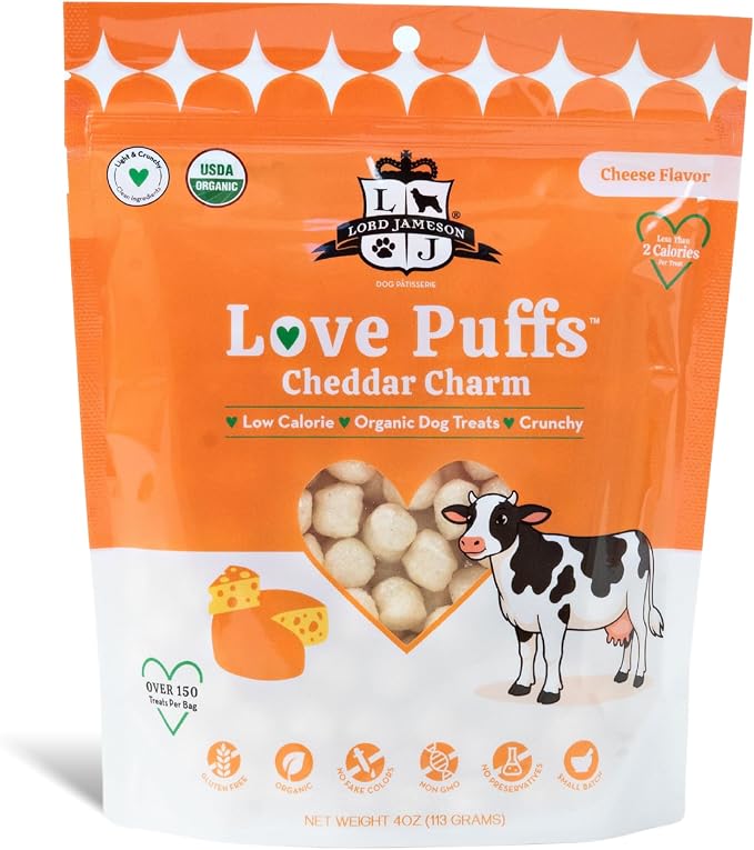 Lord Jameson Cheddar Charm | Light & Crunchy Love Puffs Collection | Organic Dog Treats, Cheese Recipe, Gluten-Free, Preservative-Free, USDA Certified Organic. Made in USA