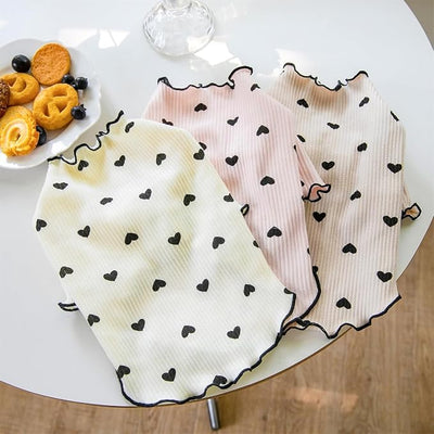 Pet Clothes for Small Dogs Cat Summer Fall Heart Print Shirt Stretchable Ruffle Long Sleeve Outfits for Chihuahua Schnauzer Shih Tzu Yorkie (Coffee, Small)