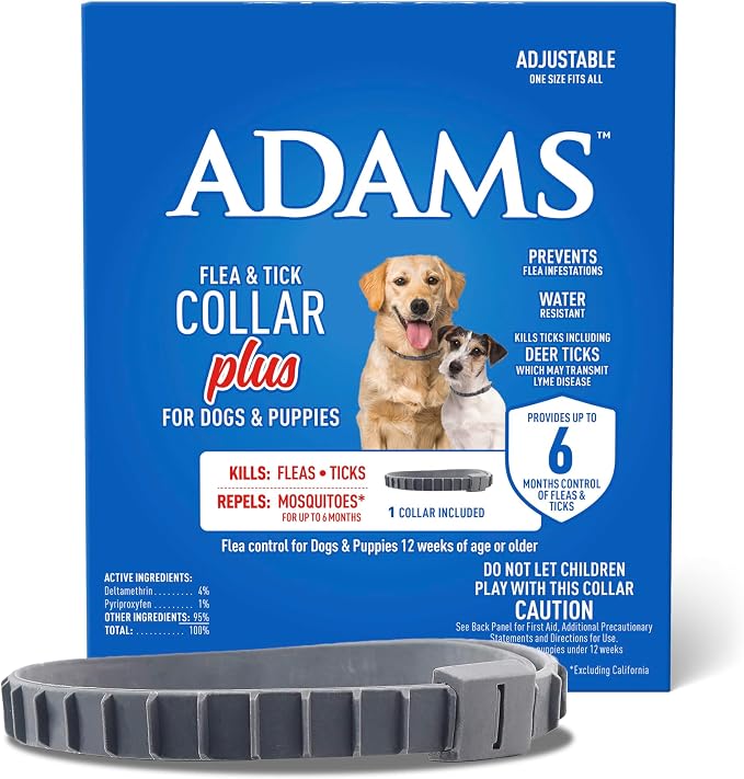 ADAMS Flea and Tick Collar Plus for Dogs & Puppies, 6 Months Protection Against Infestations, Kills Fleas & Ticks, Repels Mosquitoes for Up to 6 Months (Excl. California), One Size Fits All, 1 ct