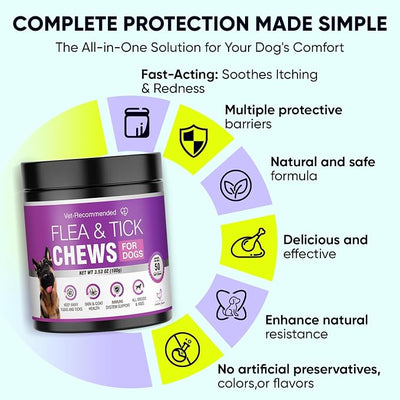 Dog Flea and Tick Treatment Chewable Natural Flea Prevention and Immune Support Natural Soft Chew Flea and Tick Treatment 50 Soft Chews Per Bottle 4 Packs (200 Tablets Total) Suitable for All Dog