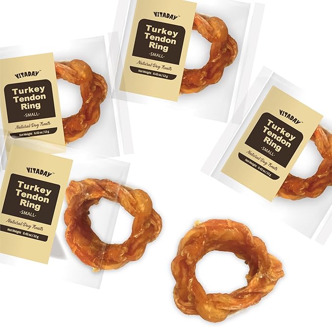 VITADAY All Natural Turkey Tendon Dog Treats, Ring (S), 4-Pack | Long-lasting dog training treats, rawhide-free, made of USA-sourced turkey tendons