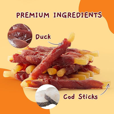 Jungle Calling 1.3 lb 35-Count Duck Wrapped Cod Sticks Dog Treats, Rawhide Free Dog Chews Long Lasting, Soft & Chewy Digestible Training Snacks for Small Medium Dogs