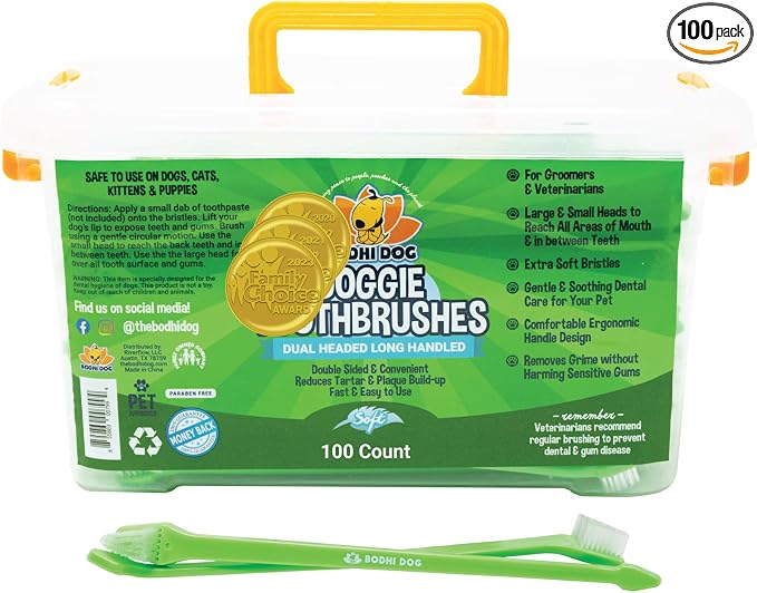 Bodhi Dog Dual-Headed Toothbrush for Dogs & Cats - Soft Bristles for Gentle Pet Dental Care - Puppy & Adult Teeth Cleaning - Easy-to-Use Design for Healthy Gums & Fresh Breath (100 Count)