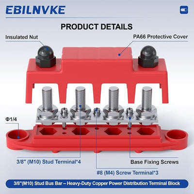 Bus Bar 12V 250A Power Distribution Block 4 x 3/8"(M10) Studs | Marine Bus Bar, 12 Volt Battery Busbar, Terminal Block, Automotive, Car, Boat, Solar Wiring, Positive & Negative