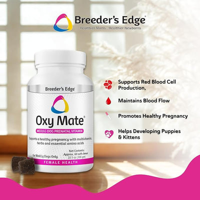 Breeder's Edge Oxy Mate Dog Prenatal Vitamins, Comprehensive Supplement for Pregnant Dogs and Cats Enriched with Essential Nutrients for Healthy Moms & Litters, Soft Chews - 60ct Medium & Large Dog