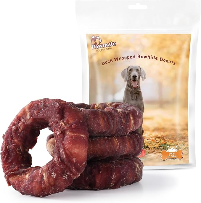 Pawmate Duck Rawhide Dog Treats Donut, Long Lasting Dog Chews with Duck Wrapped Rawhide, Natural Dog Treats for Medium and Large Aggressive Chewers, High Protein Dog Snacks, 4 Counts