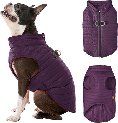Gooby Puffer Vest - Grape, Medium - Ultra Thin Zip Up Windbreaker with Dual D Ring Leash - Water Resistant Dog Sweater Coat for Small Dogs