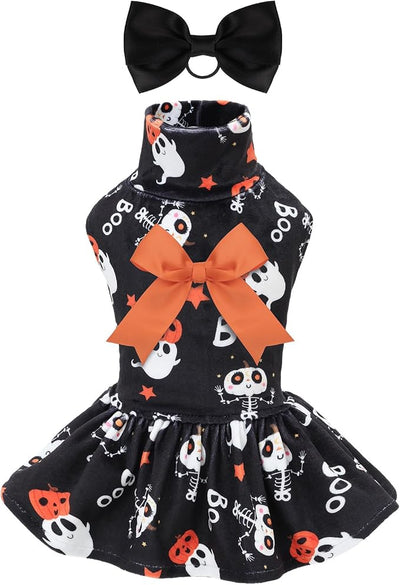 CuteBone Turtleneck Dog Velvet Dress Halloween Puppy Skirt Costume Pet Clothes Cat Apparel with Bow Hair Rope for Small Dogs CVD22XXS