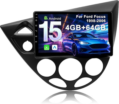 4G+64G Car Radio for Ford Focus 1998-2006: Upgrade Android 15 9" Touch Screen Stereo Head Unit Wireless CarPlay Android Auto, BT 5.4, WiFi 6, GPS, FM, RDS, EQ, SWC, 1080P Backup Camera