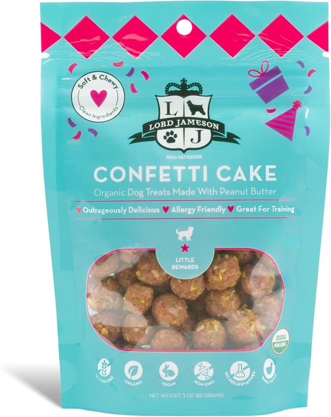 Lord Jameson Confetti Cake Soft & Chewy Certified Organic Dog Treats for Small Breeds - Peanut Butter & Coconut - Small Bite, No-Bake Recipe, Gluten-Free, Preservative-Free - Made In USA - 3 oz