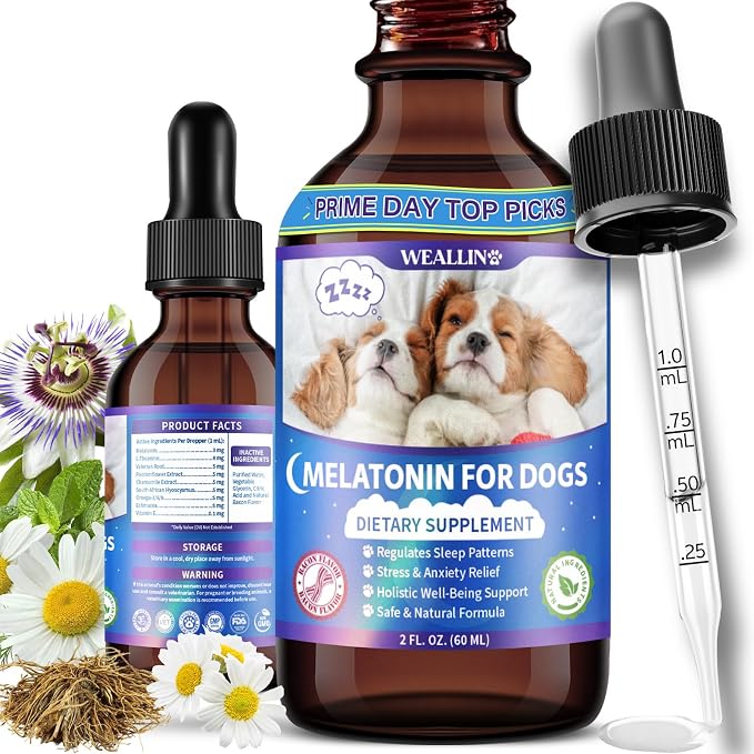 WEALLIN Melatonin for Dogs - Dog Melatonin with L-Theanine & Chamomile Bacon Flavor | Liquid Dog Melatonin with L-Theanine & Chamomile, Anxiety Relief & Calming, Relaxation & Sleep Support, Fast-Absorbing 60ML