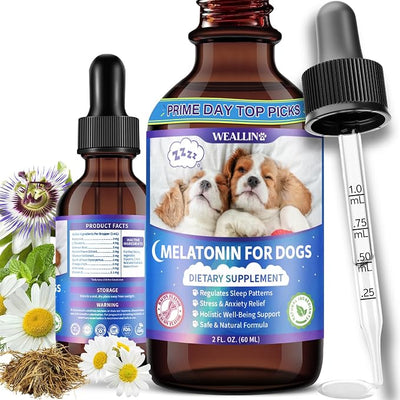 WEALLIN Melatonin for Dogs - Dog Melatonin with L-Theanine & Chamomile Bacon Flavor | Liquid Dog Melatonin with L-Theanine & Chamomile, Anxiety Relief & Calming, Relaxation & Sleep Support, Fast-Absorbing 60ML